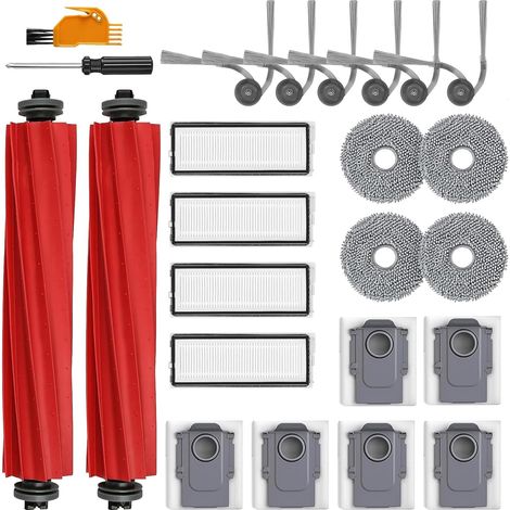 Set mit 24 Ersatzteilen, kompatibel mit Roborock QV35A / QV35S / QR798 / QR598 Saugrobotern, 2 Hauptbürsten, 6 Seitenbürsten, 4 Filter, 6 Staubbeutel, 4 Wischpads (1/5)