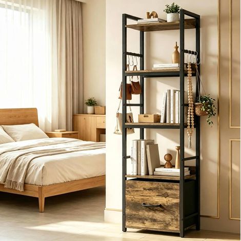 Libreria stretta a 4 ripiani con cassetto e 8 ganci 39x26x136,5 cm OKWISH (1/5)