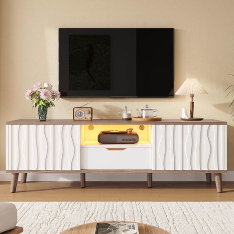 Meuble TV en bois blanc 160 x 40 x 52 cm avec 2 porte coulissante et tiroir et étagères ouvertes Meuble tv bas pour salon et chambre (1/5)