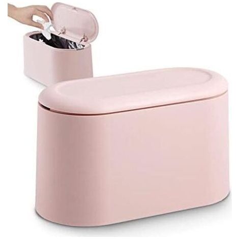 JEEZAO Small Tabletop Trash Can with Push Button Lid for Office, Bathroom, Kitchen and Bedroom, Pet Food Storage (Pink) (1/5)