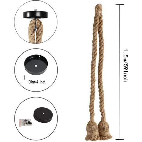 Vintage zweiflammige Pendelleuchte (1,5 + 1,5 Meter) aus Hanfseil, E26/E27 Fassung, Retro-Stil, ideal für die Beleuchtung von Esszimmern, Restaurants und Bars, 110 V. (1/5)