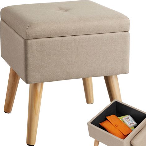 Tabouret avec coffre de rangement aspect lin ELVA carré - (1/5)