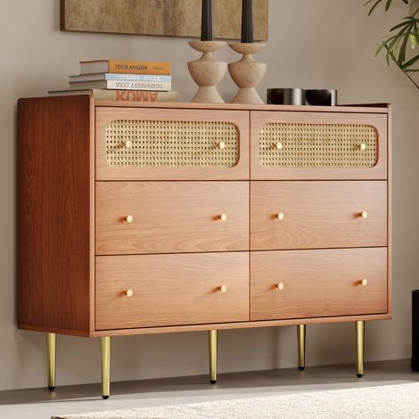 Commode 6 tiroirs 120x40x90 cm, 2 façades en cannage rotin, poignées dorées, coins arrondis, pieds métal, pour chambre et salon, effet noyer (1/5)