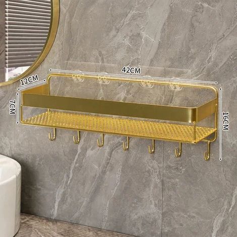 (Modèle 42 cm - 5 crochets) Étagère de rangement dorée pour salle de bain, support mural trépied pour shampoing et gel douche, accessoires de salle de bain (1/5)