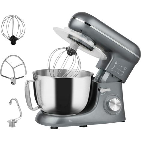 Robot pâtissier 1300 W, robot pétrin professionnel 4,5 L, bol d'acier inoxydable, 6+P vitesses et pulse, argent