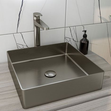 RAK Ingot Square Countertop Wash Basin 400mm Wide - Brushed Nickel (1/3)