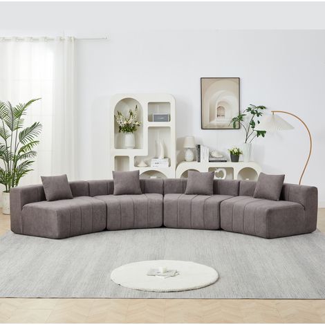 Divano modulare curvo in ciniglia con 2 cuscini, modulo semicircolare simmetrico grigio HAVRYA (1/5)