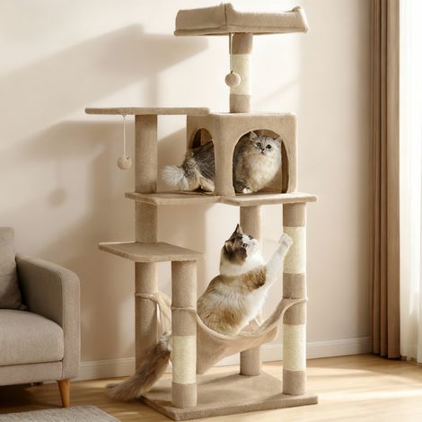 Tour de Jeux pour Chats Hauteur 137,7 cm, Tissu Peluche, 4 Poteaux à Griffer, 2 Pompons, 1 Niche, Marron (1/5)