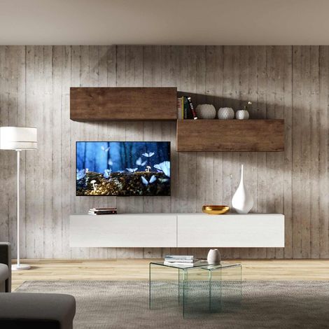 Parete attrezzata in legno sospesa moderna L268xP39.5 bianco e noce A02 (1/5)