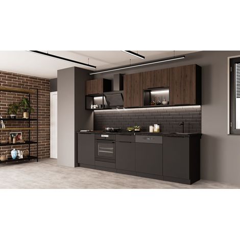 Küche SIENA + MONZA BASIC LOFT 280 cm Küchenzeile Küchenblock Einbauküche Nussbaum Okapi + Schwarz matt (1/5)