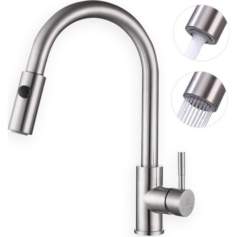 Rubinetto da cucina estraibile 360° girevole, miscelatore ad alta pressione con 2 getti, acciaio inossidabile spazzolato, moderno rubinetto lavello cucina (1/5)