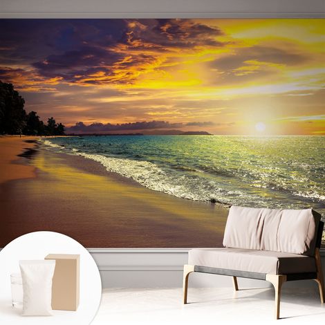 Papier peint avec colle pour décoration moderne de salon chambre à coucher cuisine et bureau Facile Plage au coucher du soleil 312x219 cm (1/5)