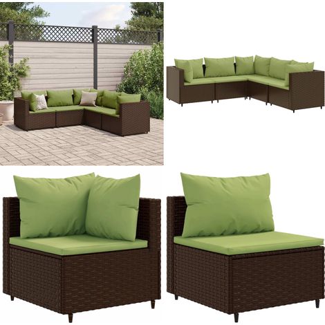 Set Divani da Giardino 5 pz con Cuscini Marrone in Polyrattan - Divano angolare - Divano centrale