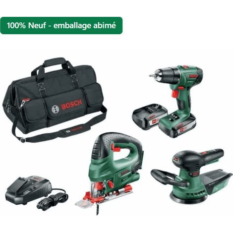 [Produit neuf - emballage abîmé] Pack 3 outils sans-fil 18V Bosch - Perceuse + scie sauteuse + ponceuse excentrique (1/5)