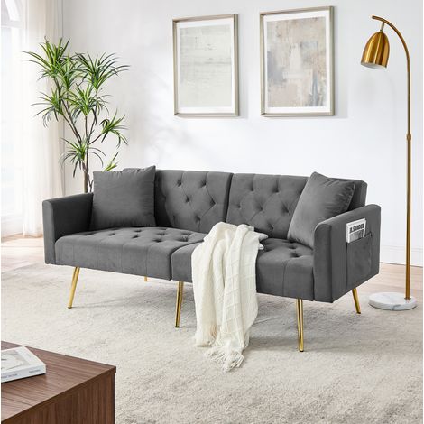 2-Sitzer-Sofa grau aus Samt mit 3-fach verstellbarer Rückenlehne und 2 Kissen (1/5)