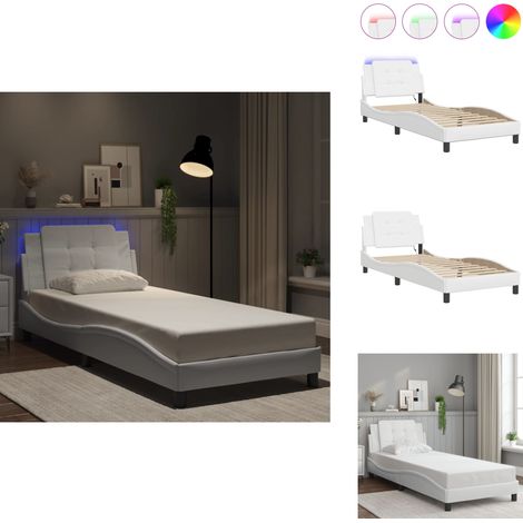 Bettgestell mit LED Weiß 100x200 cm Kunstleder - Bettrahmen - Schlafzimmermöbel - Led-Bett - Kunstlederbett - Doppelbett (1/5)