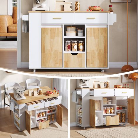 Îlot Central de Cuisine avec Plan Rabattable Desserte Mobile 3 Tiroirs Placard Étagère Épices sur Roulettes 120x71x90cm (1/5)