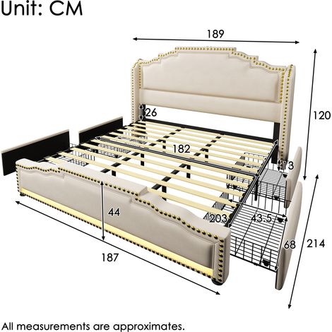 Lit rembourré 180x200 cm avec 4 tiroirs, éclairage LED, USB-C, lit coffre et sommier à lattes, velours beige – sans matelas (1/4)