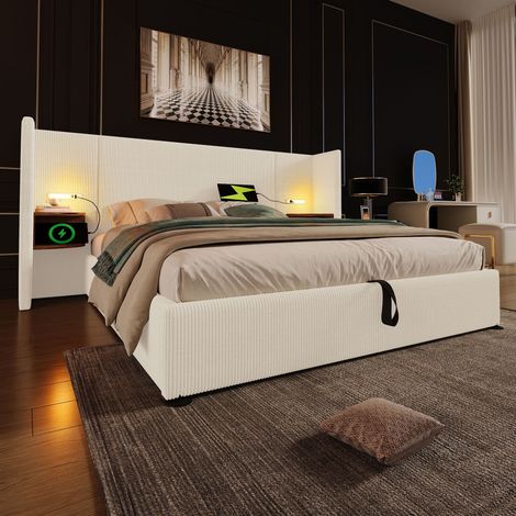 Letto matrimoniale imbottito 180 x 200, con luce di lettura e caricatore USB Type-C, beige, tessuto a coste. (1/5)