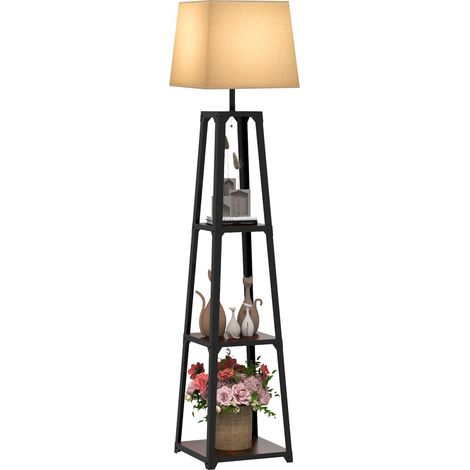 Lampe de pied métal MDF 3 étagères abat-jour tissu décoration salon Ø42x166 cm, noir beige