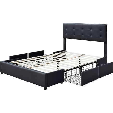 chloe - Solide et Confortable Lit 160x200 avec Sommier avec 4 tiroirs + Tete de lit Couleur NOIR + Pieds en 4 cm - 13 Lattes - revetement PVC Simili facile d'entretien - Montage Rapide et Facile (1/5)