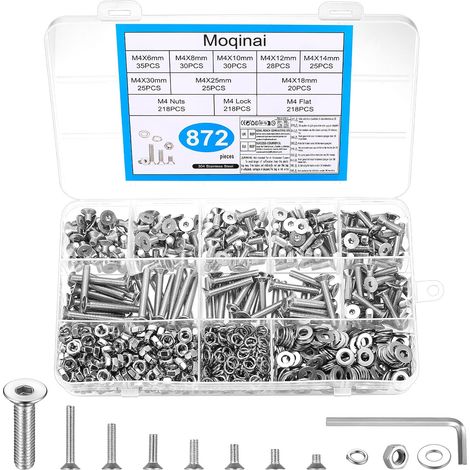 872 Pièces M4 Kit de Vis en Acier Inoxydable, Vis Fraisées à Six Pans Creux avec Écrous, Rondelles Plates et Rondelles Grower, Assortiment de Vis Métriques avec Boîte de Rangement (1/5)
