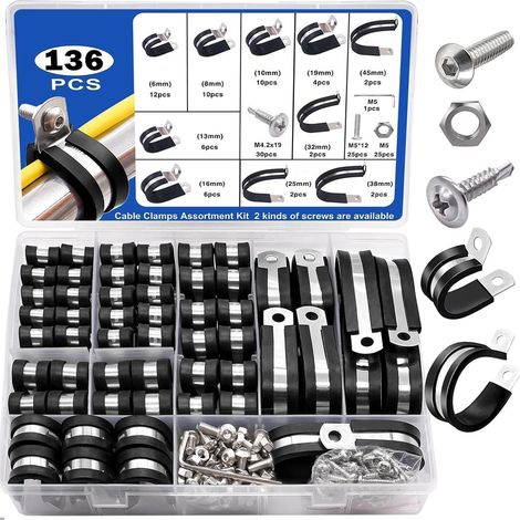 Cable clip combination kit,  136 pieces in stainless steel,  6mm-45mm diameter,  wire fixing for repair (1/5)
