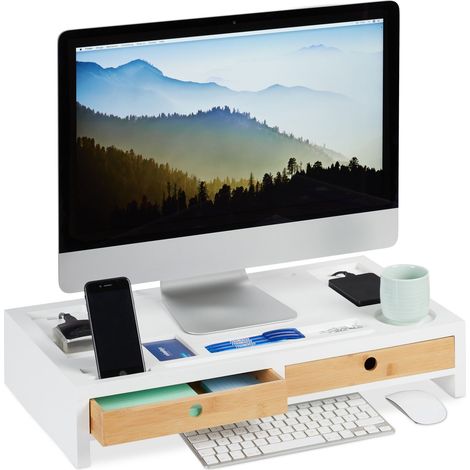 Relaxdays Supporto per Monitor, Rialzo XL per PC in Bambù & MDF, 2 Tiretti, Organizer, HBT: 11 x 58,5 x 32,5 cm, Bianco