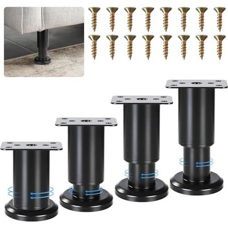 4pcs Pied de Meuble Reglable, Pied de Table Reglable Noir, 8-12cm Reglables Pieds de Meuble, Pieds de Meuble pour Canapé, Lit, Armoire, Table, avec Vis, Hauteur Réglables