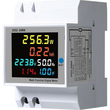 Medidor digital 6 en 1, 100 A, monofásico, montaje en riel DIN, amperímetro, voltímetro, vatímetro (voltios, amperios, vatios-hora), 40-300 V CA. (1/5)