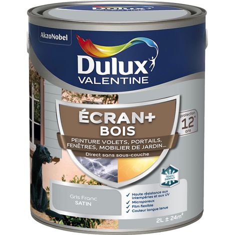 ECRAN+ BOIS - Peinture satinée pour bois extérieur - Volets, portes, fenêtres, portails - Gris Franc 2 L - Dulux Valentine
