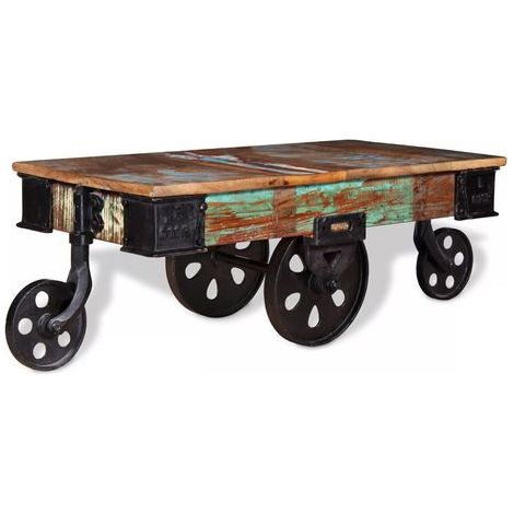 Vidaxl – Table basse en bois de récupération 90x45x35 cm – Style industriel – 4 roulettes en fer – Artisanat unique (1/5)