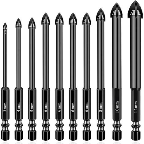 10-Piece Masonry Drill Bit Set - Tungsten Carbide Drill Bits for Concrete, Tiles, Bricks, Glass, Wood, Various Sizes (1/5)