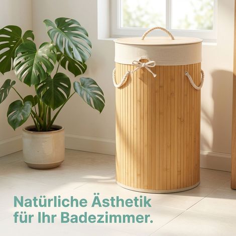 3 x Wäschekorb Bambus, faltbare Wäschetonne mit Deckel, Volumen 70 Liter, Wäschesack Baumwolle, rund Ø 41 cm, creme