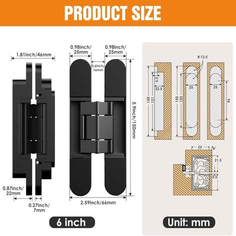 Silent 180 Degree Invisible Hinge – 3D Adjustable Concealed Cross Hinge – Zinc Alloy Die Cast for Wooden Exterior Doors – 150x25mm Black 1 Pair 2 Pieces