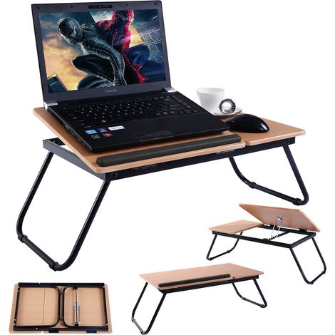 Table de Lit Pliable 55 x 32 cm, Plateau de Lit pour Ordinateur Portable avec 5 Angles d'Inclinaison Réglables, pour Lecture, Travail, Marron (1/5)