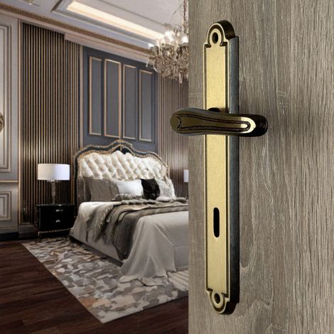 Ouvre&Déco – Poignées de porte VANESSA – Laiton patiné – Entraxe 195 mm – Fonction clé L pour chambres à coucher – Garniture complète sur plaque (1/5)