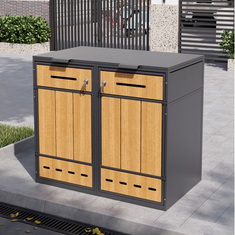 Armadio copribidoni in acciaio grigio con ante effetto legno, 2 vani separati, coperchio ribaltabile e porte frontali (1/5)