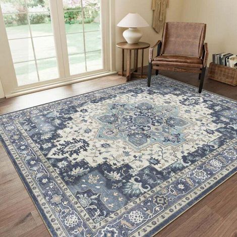Vintage Persian rug, 300 x 200 cm, soft polyester velvet, blue and white (1/5)