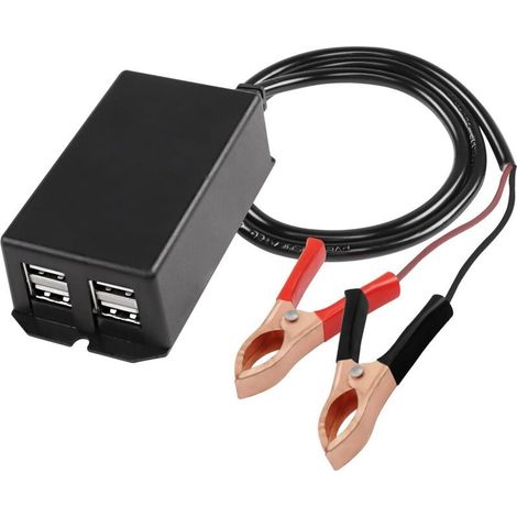 Convertitore CC con morsetto a coccodrillo - Adattatore di ricarica USB per moto, da 12V 24V a 5V 3A - 4 porte USB - Caricabatterie rapido per telefoni e tablet - 70 cm (1/5)