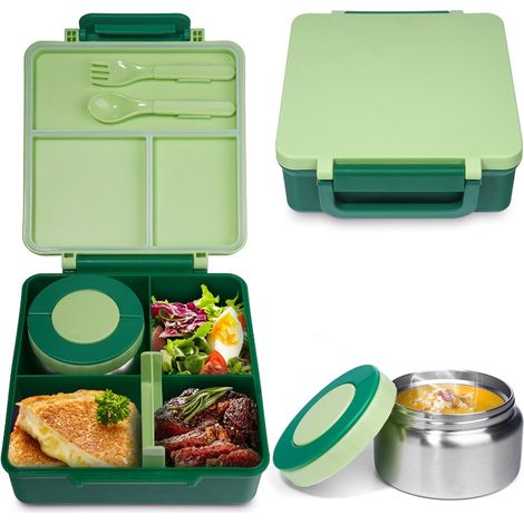 Portapranzo per bambini con tazza termica da 300 ml, 3 scomparti, a tenuta stagna, senza BPA, lavabile in lavastoviglie, verde, ideale per la scuola e i viaggi. (1/5)