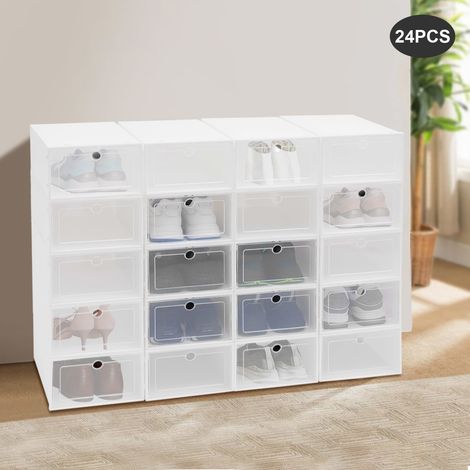 24er Set Große Schuhaufbewahrungsboxen, Weiße Plastik-Stapelbare Schuhorganizer, 33x23x14cm, PP/ABS, für Turnschuhe, Schuhe & Kleinteile, mit runden Lüftungslöchern