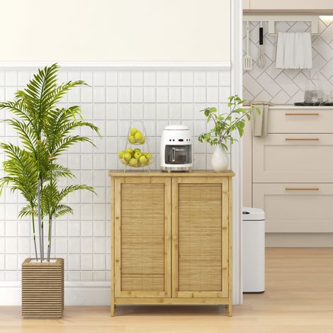 Credenza Stile Boho in Rattan e Bambù con 2 Ante e Mensola Interna, 60x27x67.5cm, Colore Legno