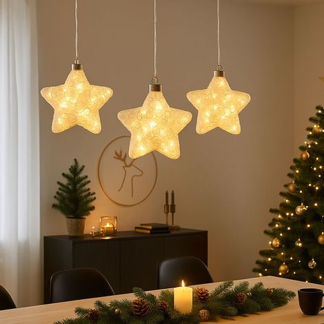 Stella di Natale a LED appesa Decorazione natalizia per albero di vetro, bianca, LxH 15 x 67 cm, set da 3