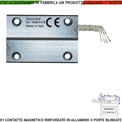 Interruttore Magnetico Corrazzato in Alluminio Con Fori di Fissaggio Per Porta Blindata Sensore Allarme Reed NC Sensibilità 20 mm Tensione Max 30 V 10 W Carico Resistivo 4 Fili 2 NC e 2 Tamper Pr IP65