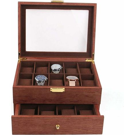 Scatola per orologi con 20 scomparti, contenitore per orologi, organizer, portagioie in legno rosso, scatola per orologi con serratura