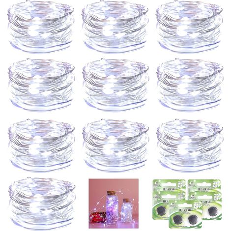 Lot de 10 guirlandes lumineuses de 2 m à 20 LED, alimentées par piles, fil de cuivre étanche, pour la décoration de Noël, chambre, mariage, fête, maison et jardin (10 piles supplémentaires, blanc froi