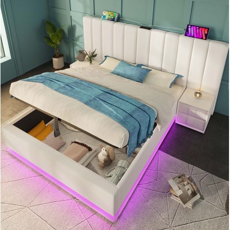 Lit double capitonné 180x200 cm avec coffre hydraulique, LED 360° et ports USB/Type-C, PU blanc (1/5)