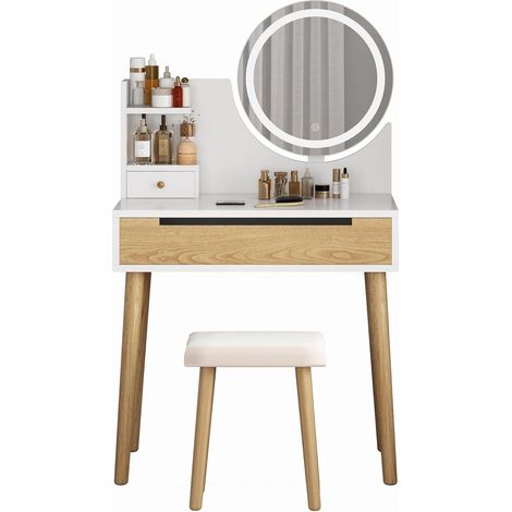 Coiffeuse Moderne avec Miroir LED et Tabouret, Table de Maquillage avec 2 Tiroirs et 3 Modes d'Éclairage Réglables pour Chambre
