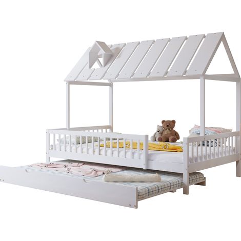 Lit cabane avec lit gigogne, toit avec cheminée, lit enfant et ado, barrière 3 côtés, bois blanc, 120x200 cm, confortable et pratique - CHICFURN (1/5)
